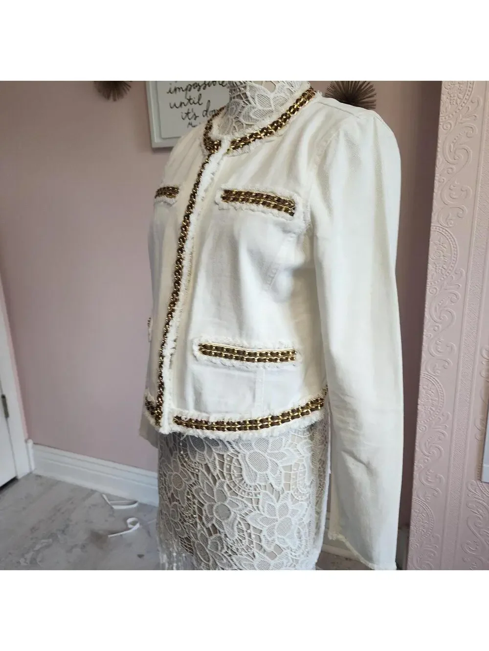 Michael Kors White Denim Jacket Gold Chain Trim Fringe Blazer 12